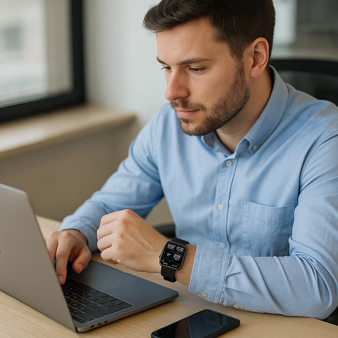 Busy adult at a desk during the workday