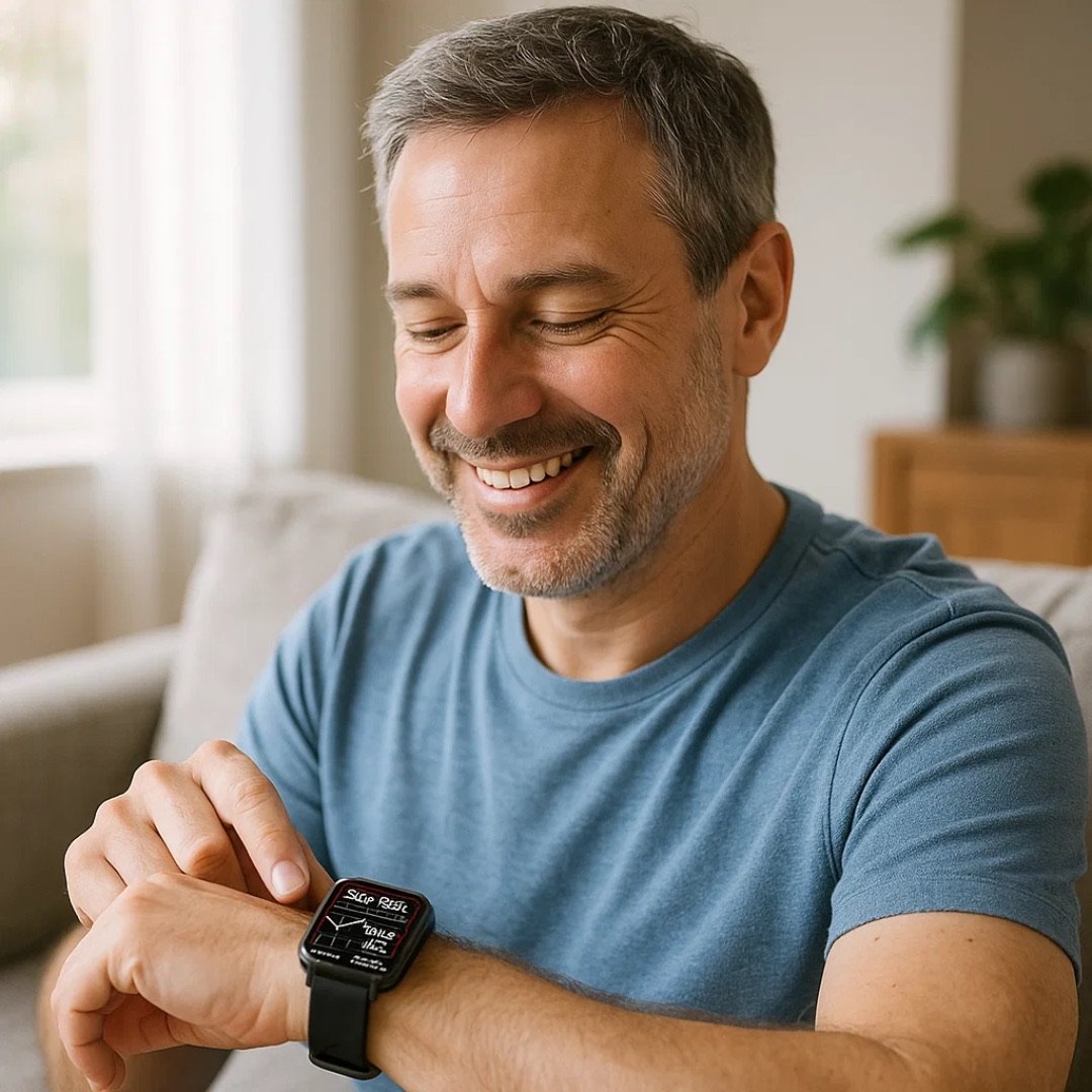 Adult checking health information on a wrist watch at home