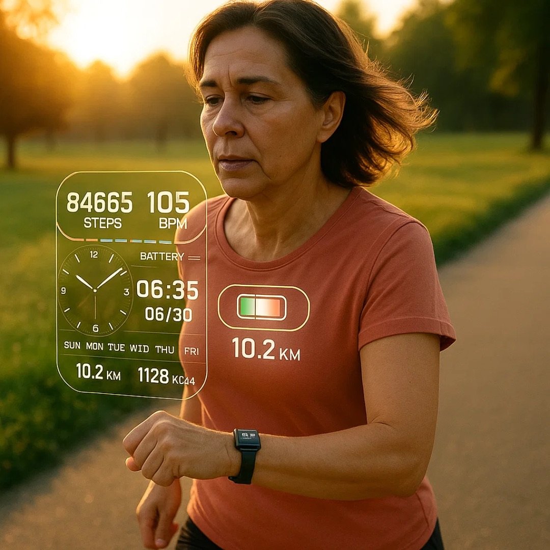 Adult outdoors with health metrics style overlay concept