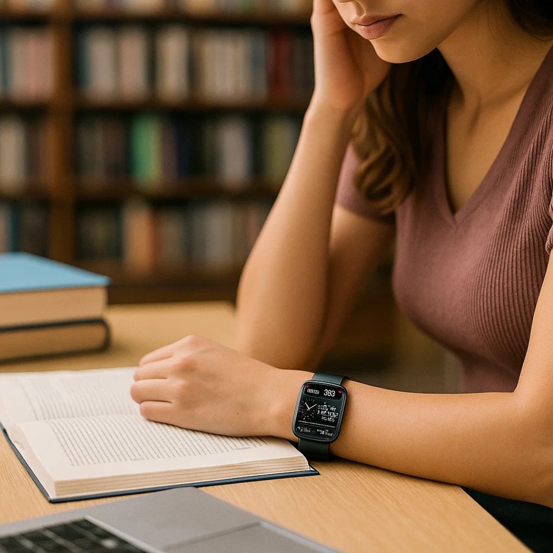 Person wearing a smartwatch while reading at home