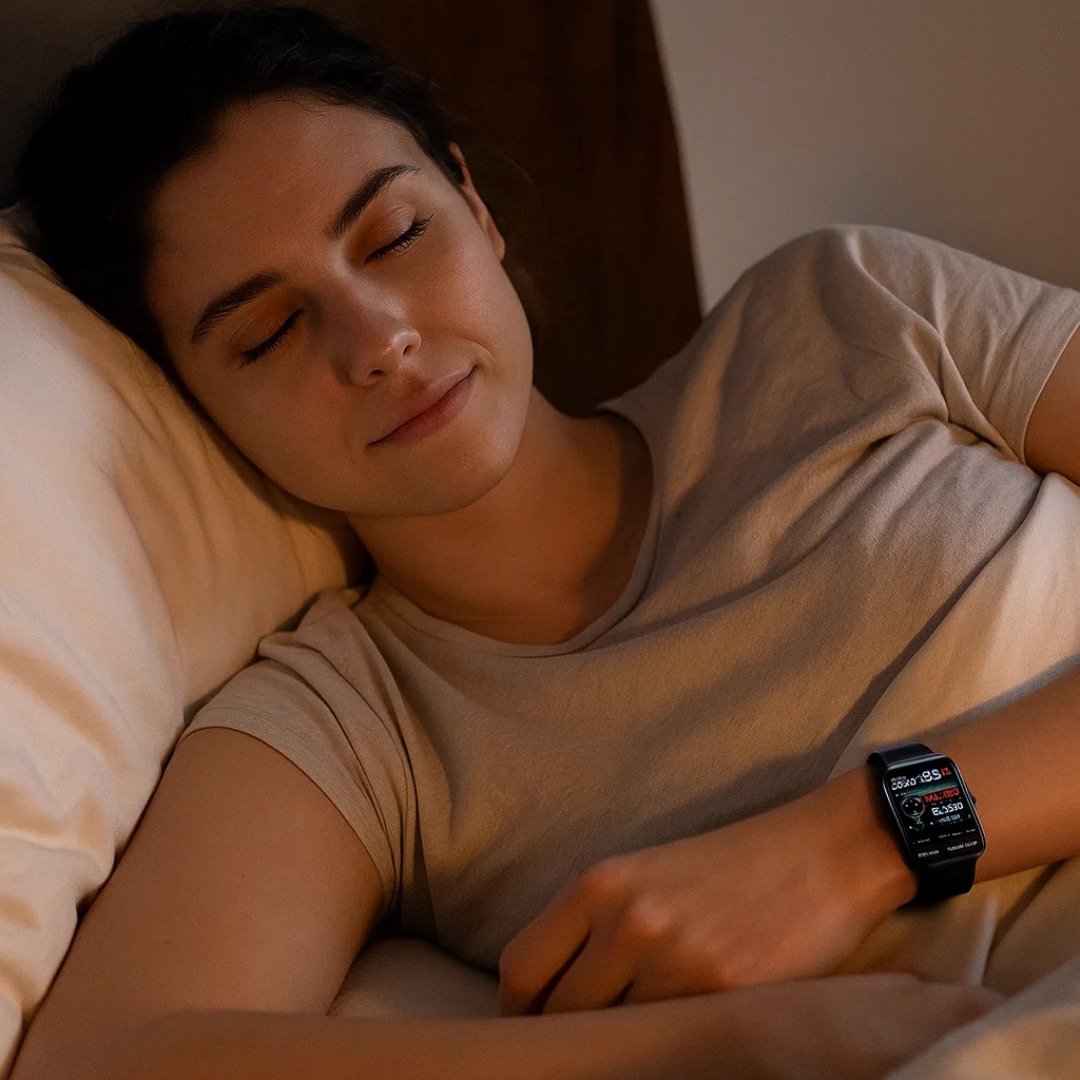 Person sleeping while wearing a health monitoring watch